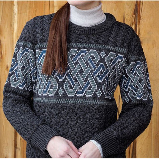 Dark Slate Gray W Merino Jacquard Crew Neck Sweater