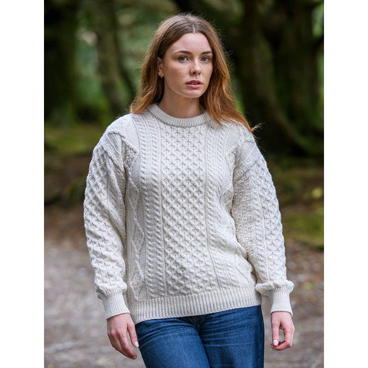 Black W Cable Knit Crew Neck Aran Wool Sweater